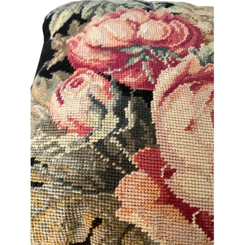 vintage needlepoint throw pillow Cottagecore Grandmillennial Dark Botanical